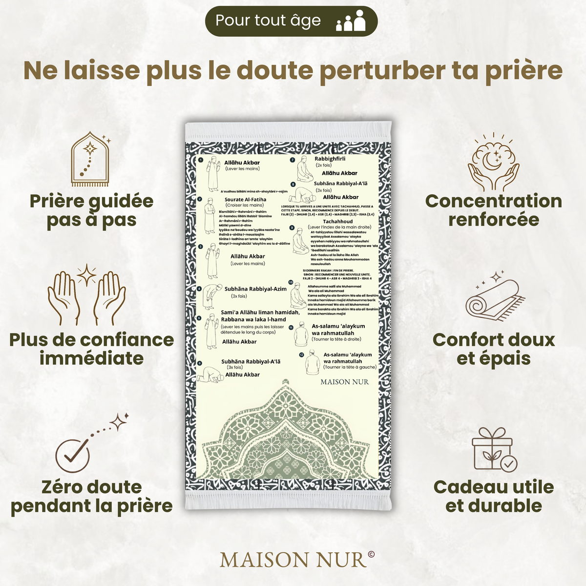 Tapis de prière avec guide intégré - Maison Nur