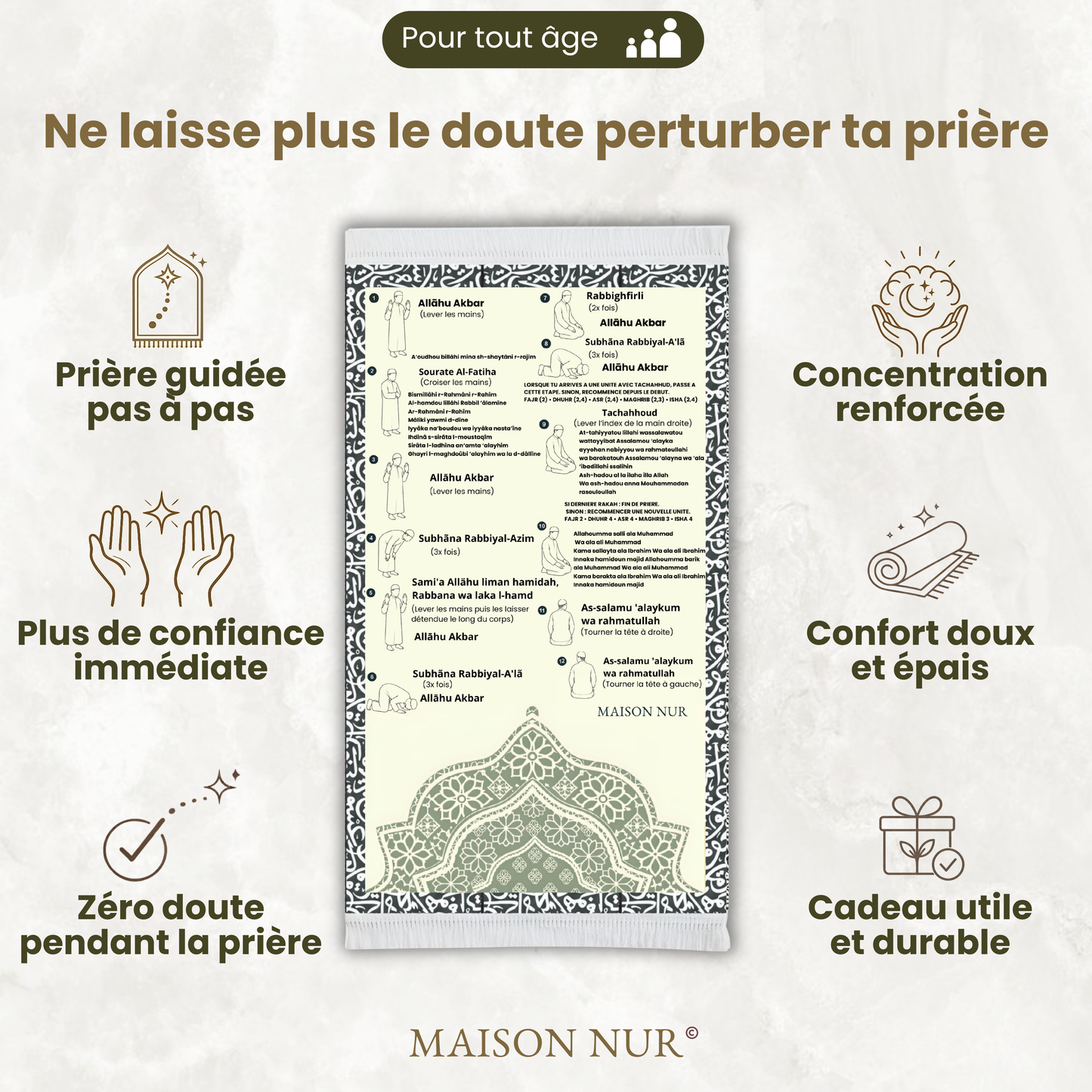 Tapis de prière avec guide intégré - Maison Nur